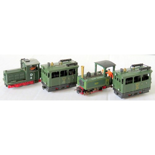 140 - HOe Locos comprising: 0-4-0 “Steatite” Tank Loco green, 0-6-0 Diesel Loco No. 4 green, 2 x 4-wheel S... 