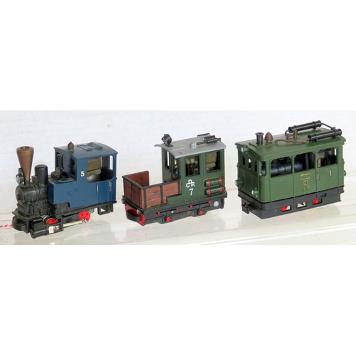 142 - HOe Locos comprising: 0-4-0 Tank Loco Egger-Bahn No. 5 green, 0-4-0 Diesel Loco CDR No. 7 green, 4-w... 