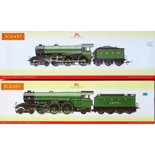 HORNBY (China) 00 gauge LNER Locos comprising: R2405 Class A1 4-6-2 “Great Northern” Loco and Tender No. 1470 LNER lined green with Paperwork plus R2920 Class B17/1 4-6-0 “Sandringham” Loco and Tender No. 2800 LNER lined green with Paperwork. Both Near Mint in Near Mint Boxes with Picture Outer Sleeves (2)