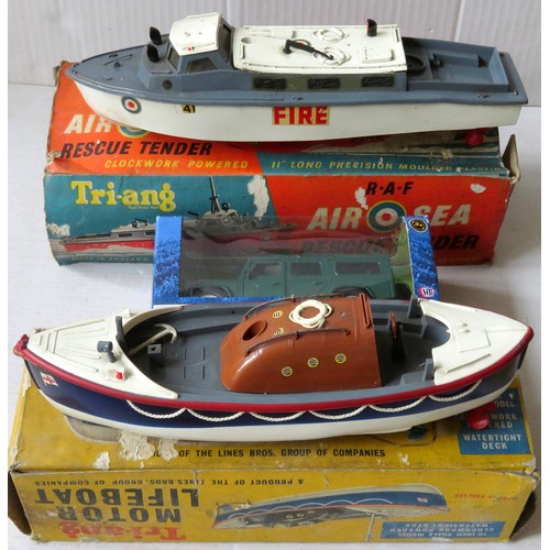79 - TRI-ANG Clockwork Boats comprising: Motor Lifeboat and RAF Air Sea Rescue Tender. Both incomplete in... 