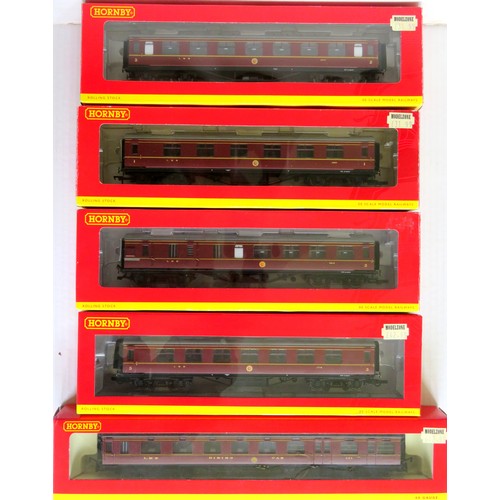 434 - HORNBY (China) 00 gauge 5 x LMS maroon Coaches comprising: R40958 12-wheel Dining Car, R4230A 1st Cl... 