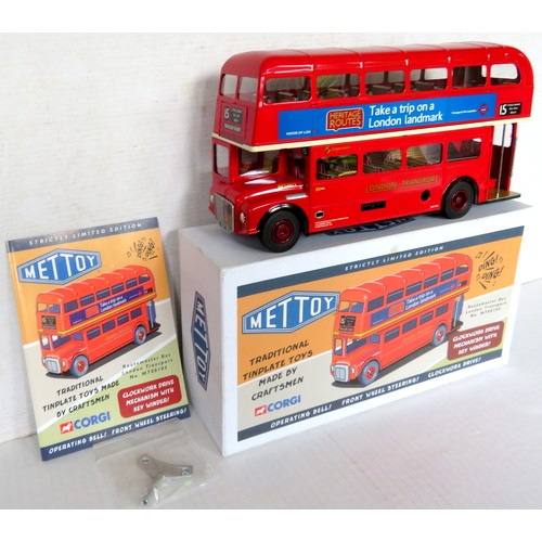 448 - CORGI (Mettoy) MT00103 Tinplate clockwork London Routemaster Bus No. 10 red with “Heritage Routes” A... 