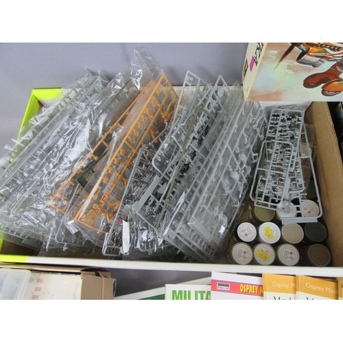 506 - MILITARY MODEL KITS, quantity of loose/bagged figures, 5 Boxed kits (unchecked), paints and 7 Model ... 