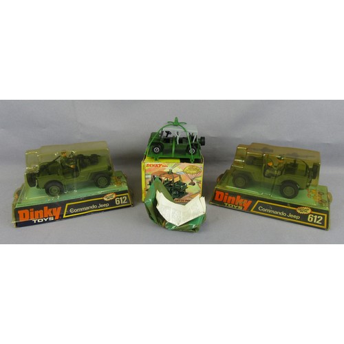 195 - DINKY TOYS 612 Command Jeep (2) and 601 Austin Para Moke. Very Near Mint in Excellent Boxes.