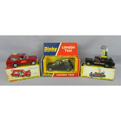 199 - DINKY TOYS 281 Pathe News Camera Car, 195 Fire Chief Range Rover and 284 London Taxi. Good Plus to M... 