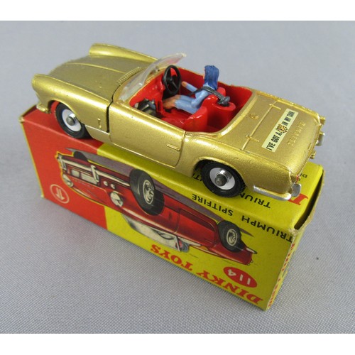 201 - DINKY TOYS 114 Triumph Spitfire, Gold, ‘I’ve got a Tiger in my Tank’. Near Mint in Near Mint Box.