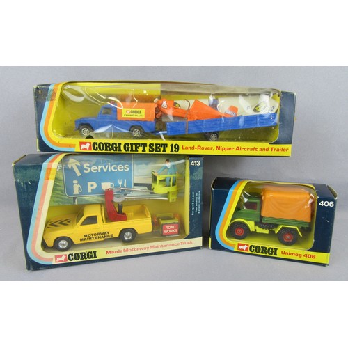 203 - CORGI TOYS GS19 Land-Rover & Nipper Aircraft, 413 Mazda Motorway Maintenance Truck and 406 Mercedes-... 