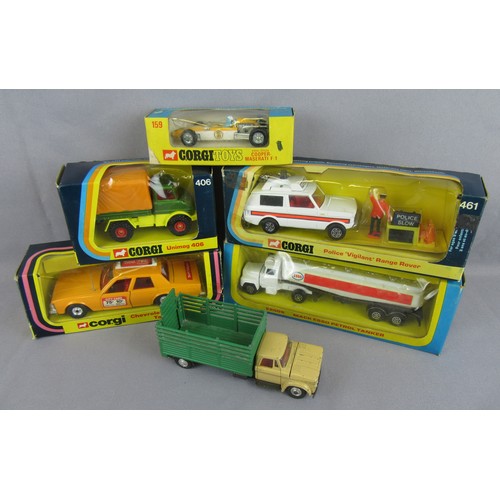 204 - CORGI TOYS 406 Mercedes-Benz Unimog, 327 Caprice Taxi, 159 Cooper-Maserati F1, 461 Police Range-Rove... 