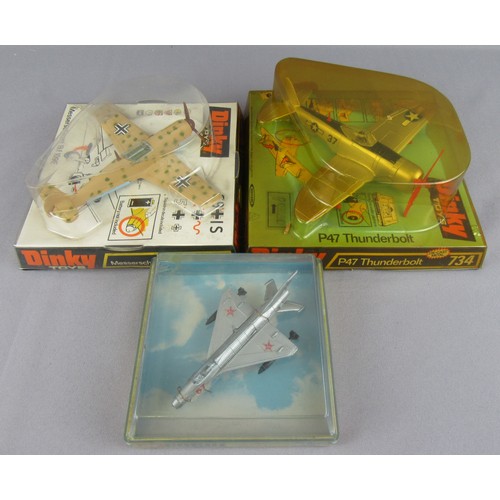 207 - DINKY TOYS AIRCRAFT 734 P47 Thunderbolt, 726 Messerschmidt Bf109e and CORGI 1304 MIG 21PF. Very Near... 