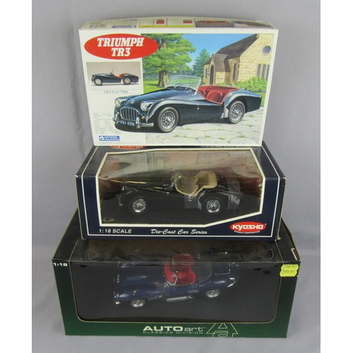 212 - AUTOART 1:18 Jaguar XKSS, Kyosho 1:18 Triumph TR3a and Gunze Sangyo 1:24 Triumph TR3 model kit (unch... 