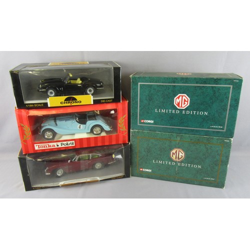 215 - 1:18 BRITISH CARS to include Corgi 95105 MGF, 95106 MGB, Chrono Triumph Spitfire, Tonka-Polistil Mor... 