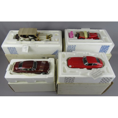 216 - FRANKLIN MINT 1:25 Aston Martin DB5, Jaguar E-Type, MG TC and Rolls Royce 1911 Tourer. Mint in Good ... 