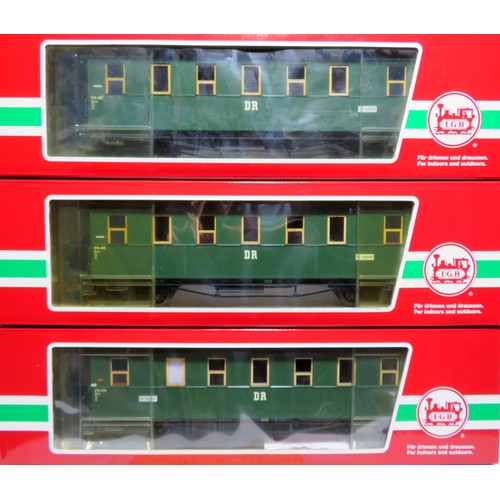 416 - LGB G Scale 3 x DR Bogie Passenger Cars in green livery comprising: 35350 PO No. 970-597, 35350 PO 0... 