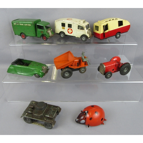 423 - TRIANG MINIC to include Ambulance ‘British Road Service’ Lorry, Caravan, Open Top Car, Site Dumper w... 