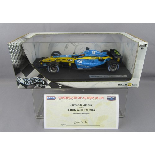 3 - HOT WHEELS 1:18 Formula 1, Renault R24, Fernando Alonso, Signed with Certificate. Mint in Near Mint ... 