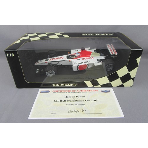 7 - MINICHAMPS (Pauls Model Art) 1:18 Formula 1, BAR 2003 Presentation Car, Jenson Button, Signed with C... 