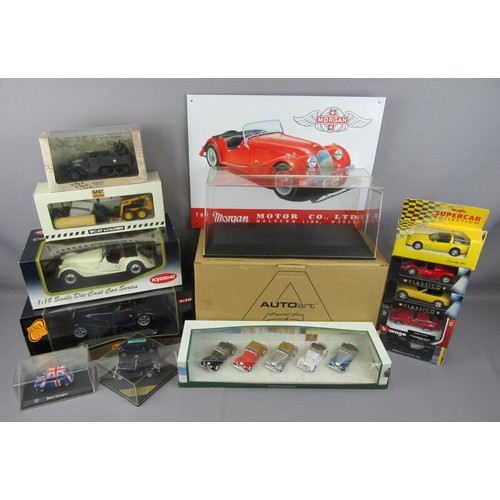 16 - KYOSHO / MAISTO 1:18 Morgan 4/4 Series II and Morgan Aero 8 with 2 Perspex display cases, 1:43 Carar... 