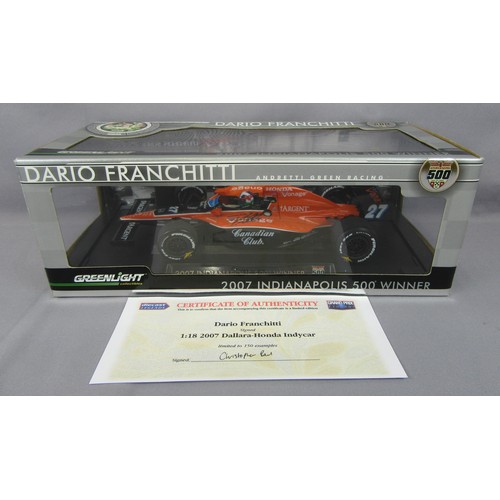 46 - GREENLIGHT 1:18 Dallara-Honda Indycar, Dario Franchitti, 2007 Indy 500 Winner, Signed with certifica... 