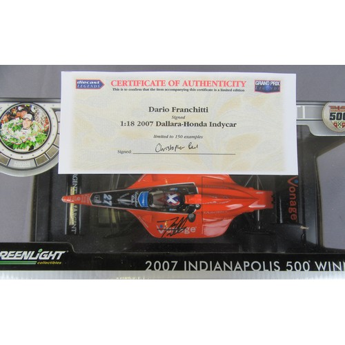 46 - GREENLIGHT 1:18 Dallara-Honda Indycar, Dario Franchitti, 2007 Indy 500 Winner, Signed with certifica... 