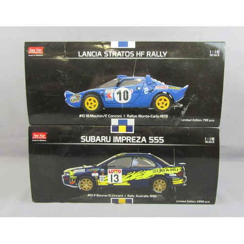 530 - SUNSTAR 1:18 Subaru Impreza 555 and Lancia Stratos HF Rally. Mint in Excellent to Near Mint Boxes. (... 