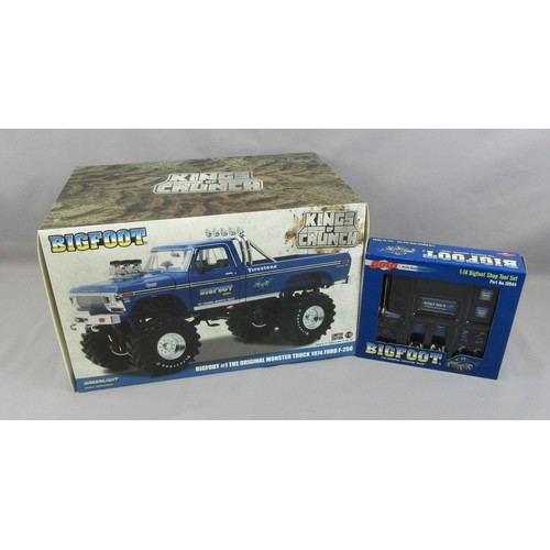 548 - GREENLIGHT 1:18 BIGFOOT 4x4, plus GMP 1:18 Bigfoot Shop Tool set. Mint in Mint Boxes. (2)