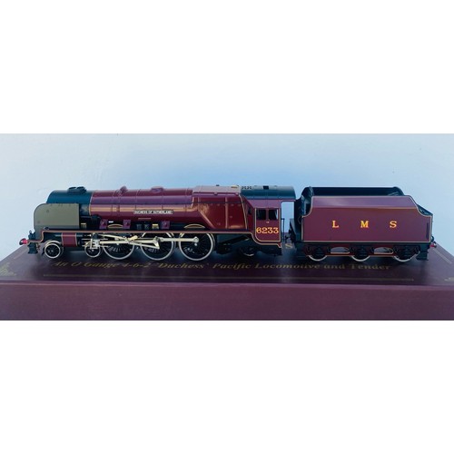 Ace Trains O Gauge 2 or 3 rail LMS 4-6-2 Steam Locomotive 6233 Duchess of Sutherland with double chimney in LMS maroon livery. In original box with paperwork. Excellent.