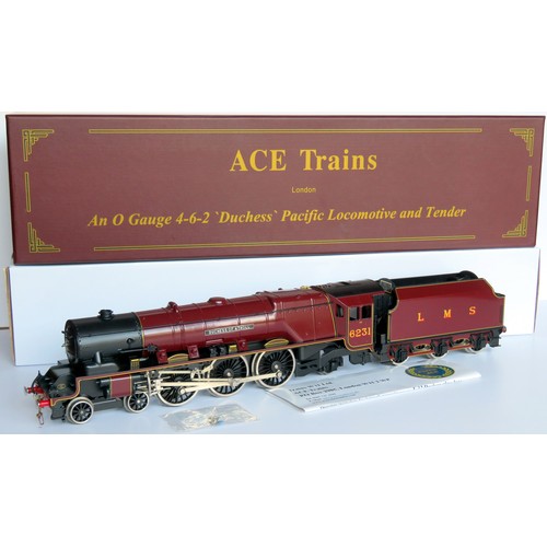 ACE TRAINS O Gauge 2/3 rail E/12D1 Duchess Class 4-6-2 “Duchess of Atholl” double chimney Loco and Tender No. 6231 LMS maroon with Handling Cloths, Accessory Pack and Instructions. Excellent in Excellent Box with Outer Mailer