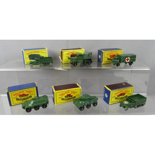 5 - MATCHBOX 1-75 Regular Wheels, 2x No.49 Army Half Track, No.64 Scammell Wreck Truck, No.63 Ambulance,... 