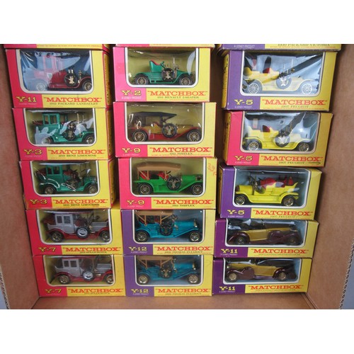 63 - MATCHBOX Models of Yesteryear, group in Pink/Yellow, Purple/Yellow boxes to include 3x Y5 1907 Peuge... 