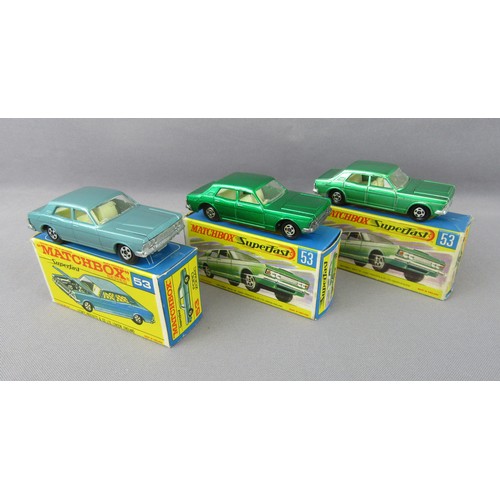 84 - MATCHBOX SUPERFAST No.53 Ford Zodiac, light metallic blue (not-original), light metallic green and d... 