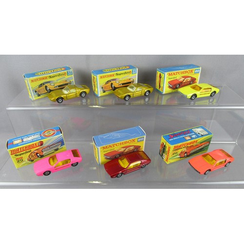 85 - MATCHBOX SUPERFAST, 2x No.33 Lamborghini Miura (pink & red bases) and 4x No.20 Lamborghini Marzal. G... 