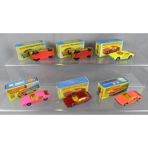 85 - MATCHBOX SUPERFAST, 2x No.33 Lamborghini Miura (pink & red bases) and 4x No.20 Lamborghini Marzal. G... 