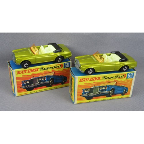 94 - MATCHBOX SUPERFAST, 2x No.69 Rolls Royce Silver Shadow in Lime Gold with Silver-grey base (suspensio... 