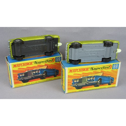 94 - MATCHBOX SUPERFAST, 2x No.69 Rolls Royce Silver Shadow in Lime Gold with Silver-grey base (suspensio... 