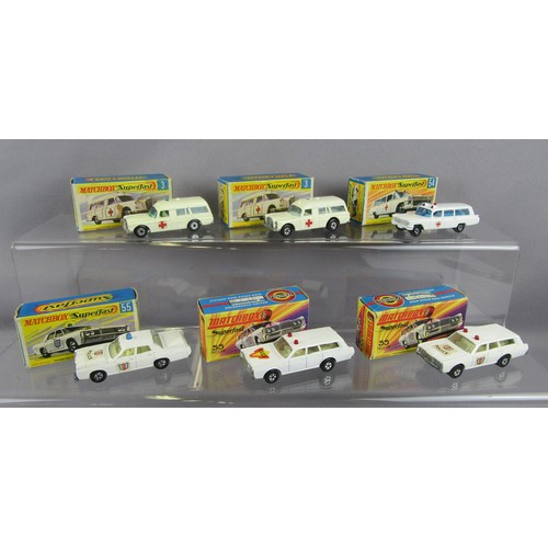 95 - MATCHBOX SUPERFAST, 2x No.3 Mercedes Binz-Benz Ambulance, No.54 Cadillac Ambulance, 2x No.55 Mercury... 