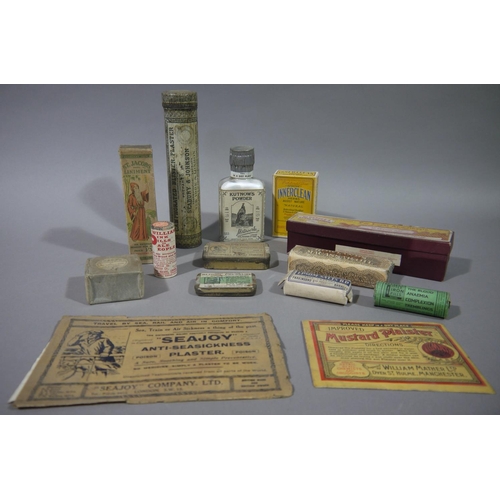 103 - Vintage pharmacy items in original packages, bottles and tins to include Dr Bengue's Ethyl Chloride,... 