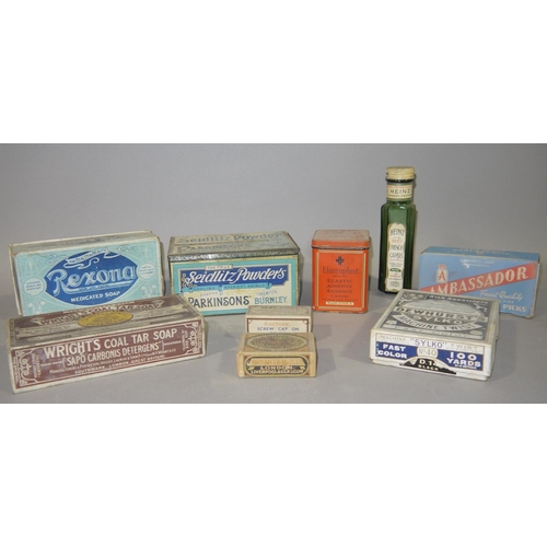 105 - Quantity of vintage packaging to include boxes, tins and packages for Wright's Coal Tar, Rexona Soap... 