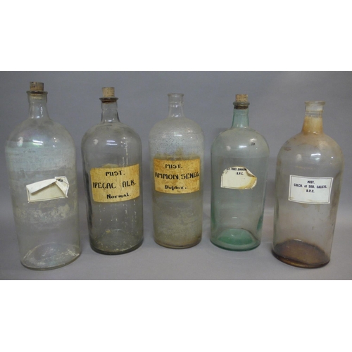 67 - Five large pharmacy bottles, cylindrical, with cork stoppers, 33cm x 2, 34cm x 2 and 35cm high