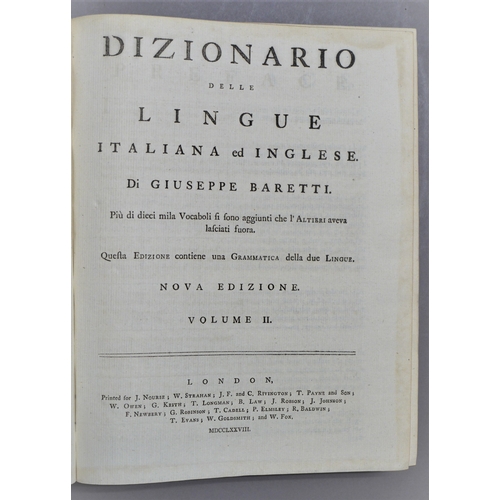 33 - Baretti (Joseph), A Dictionary of the English and Italian Languages, 2 vol., bookplate of W.E. Powel... 