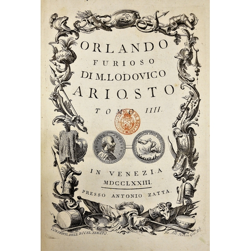 100 - Ariosto, Orlando Furioso, half-titles, 4 engraved titles and 57 engraved plates, titles stamped 'Bib... 