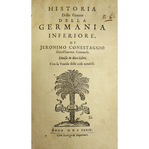 143 - Conestaggio (Girolamo Franchi di), Historia delle guerre della Germania inferiore, engraved title de... 