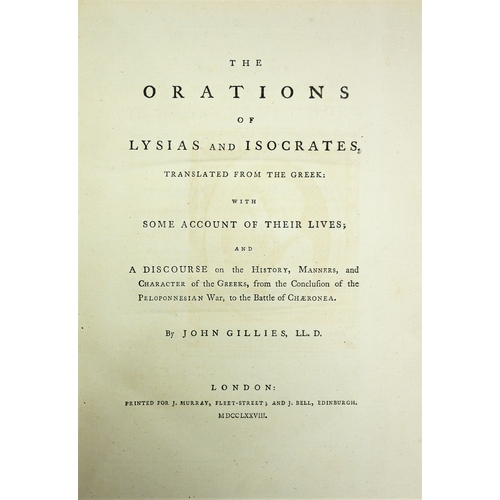 196 - Gillies (John, ed.), The Orations of Lysis and Isocrates, engraved portraits, bookplate of Earl of ... 