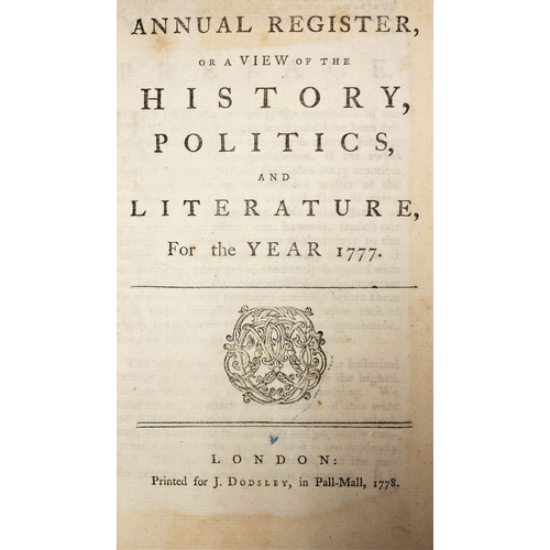 204 - .-, The Annual Register.-, 24 vol., 1758-73, 1775-77, 1779-81, 1786 only, bookplates, contemporary c... 