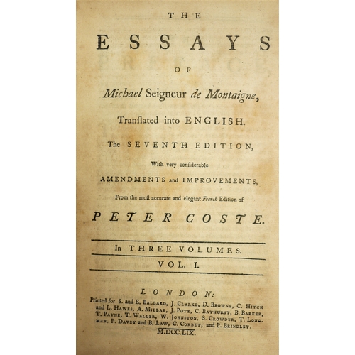 237 - Coste (Peter, trans.) , The Essays of Montaigne, 3 vol., half calf over boards, spine gilt, S. & E. ... 