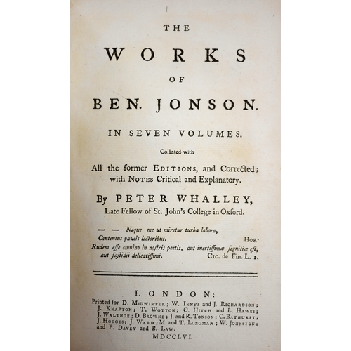 255 - Jonson (Ben) , Works, 7 vol., frontis, contemporary panelled calf, spines gilt, morocco spine labels... 