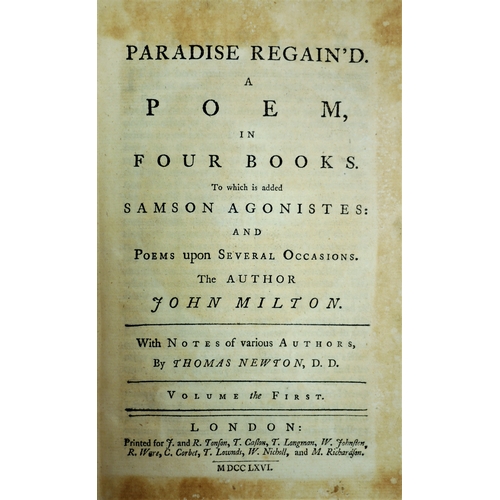 256 - Milton (John) , Paradise Regained, Newton ed., 2 vol.,frontispiece, contemporary calf, spine gilt, m... 