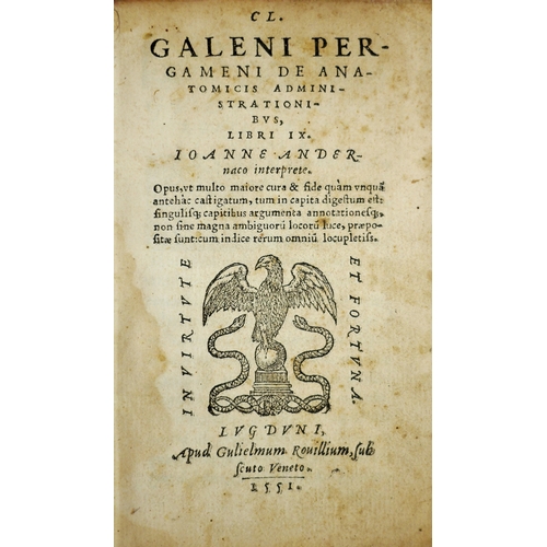 273 - Galen.- Galen of Pergamon, De Anatomicis Administrationibus, wood-engraved title vignette, later ve... 