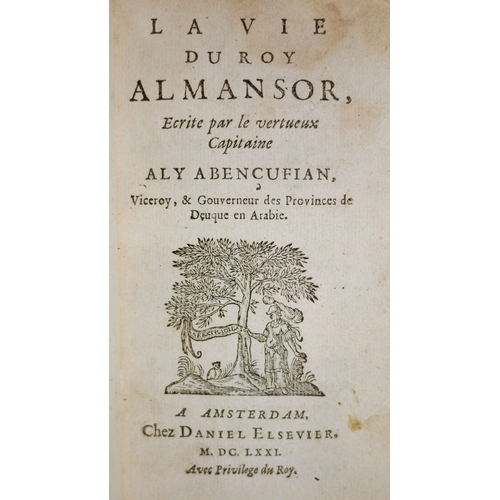 332 - Ali Abençufian, pseud., La Vie du Roy  Almansor, woodcut title vignette, 18th-century straight-grain... 