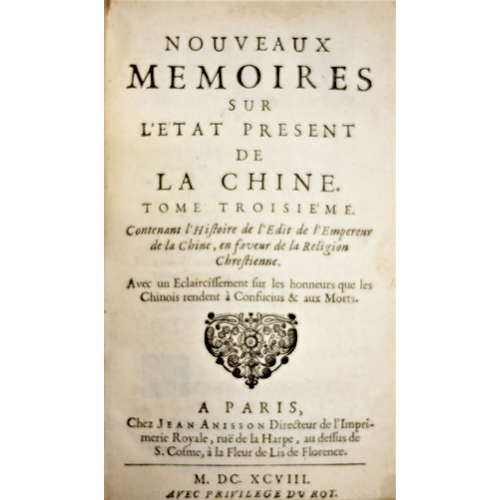 99 - Le Comte (Louis Daniel), Nouveaux Memoirs sur l'Etat present de la Chine, third French edition, 3 vo... 