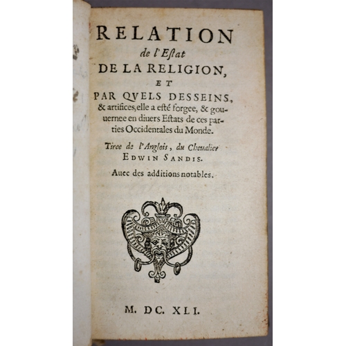 600 - Fine Binding.-, Relation de l'Estat de la Religion, woodcut title vignette and initials, later ink ... 